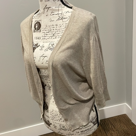 Ambiance plus size 2X light tan cardigan. Deep V 6 button with elbow sleeve. - Picture 2 of 6
